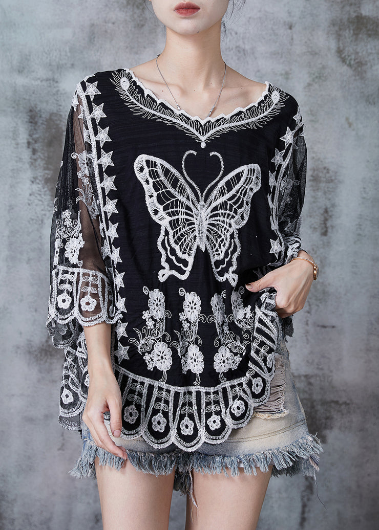 Black Butterfly Cotton Shirt Embroidered Batwing Sleeve