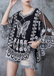 Black Butterfly Cotton Shirt Embroidered Batwing Sleeve