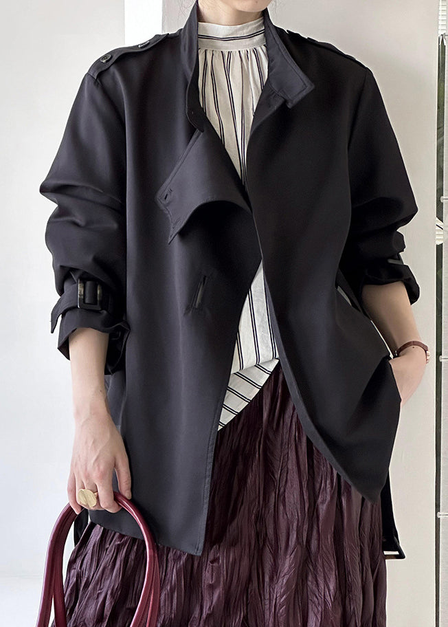 Black Button Cotton Coat Asymmetrical Long Sleeve