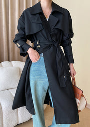 Black Button Cotton Long Trench Coat Peter Pan Collar Fall