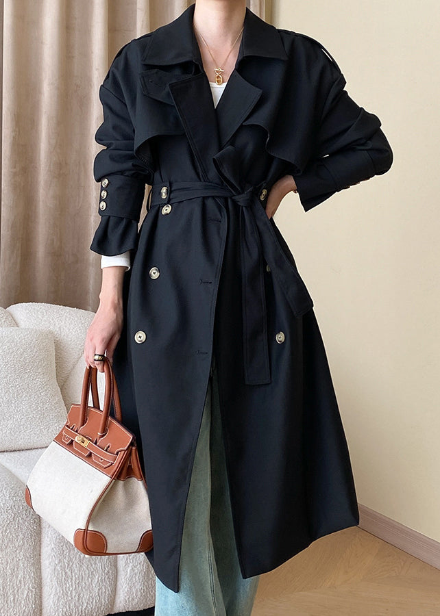 Black Button Cotton Long Trench Coat Peter Pan Collar Fall