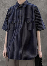 Black Button Cotton Men Shirts Peter Pan Collar Short Sleeve