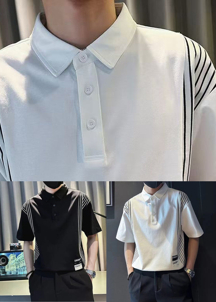 Black Button Cotton Mens Polo Shirts Peter Pan Collar Short Sleeve