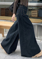 Black Button Denim Wide Leg Pants High Waist