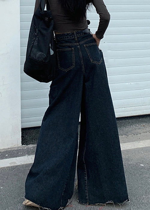 Black Button Denim Wide Leg Pants High Waist