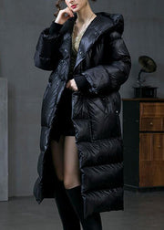 Black Button Duck Down Long Down Coats Hooded Long Sleeve