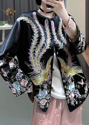 Black Button Embroideried Silk Coats O-Neck Long Sleeve