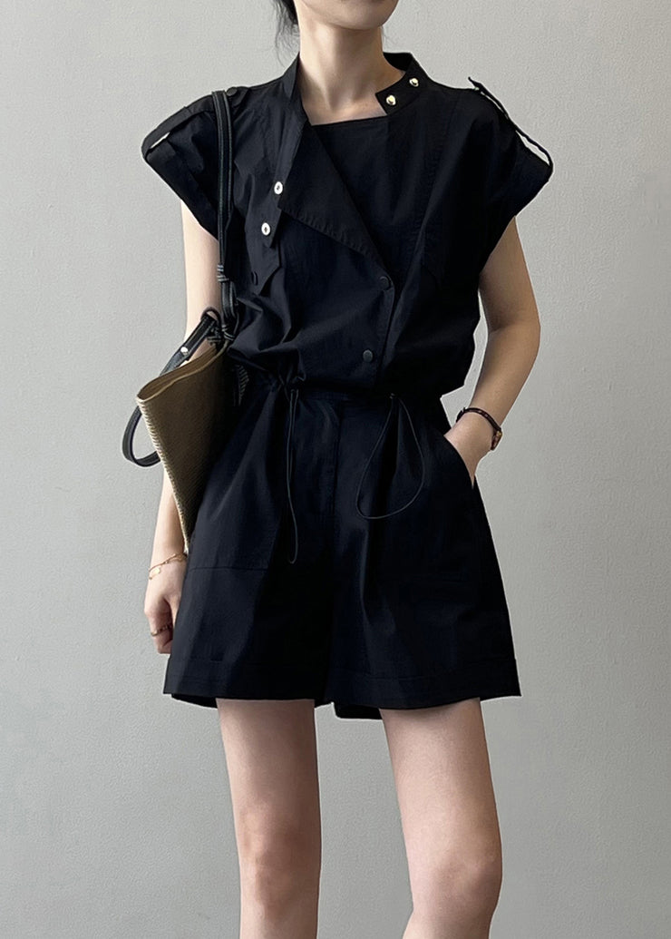 Black Button Linen Jumpsuits High Waist Short Sleeve