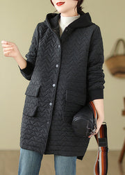 Black Button Patchwork Cotton Filled Parka Hooded Fall