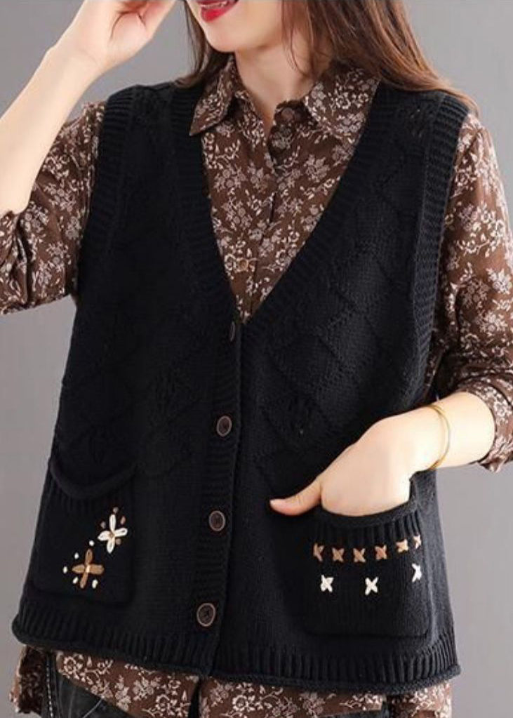 Black Button Patchwork Cozy Cotton Knit Waistcoat V Neck Fall