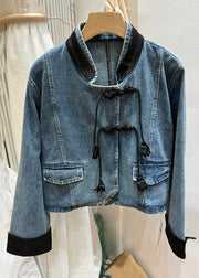 Black Button Patchwork Denim Coats Stand Collar Long Sleeve