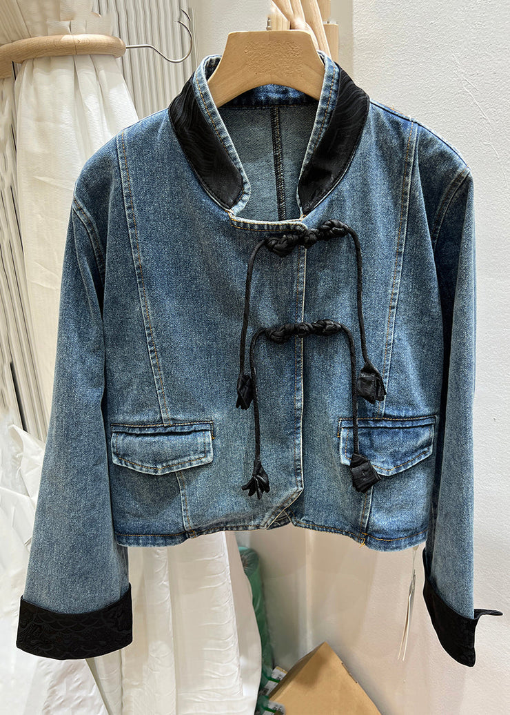 Black Button Patchwork Denim Coats Stand Collar Long Sleeve