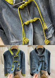 Black Button Patchwork Denim Coats Stand Collar Long Sleeve