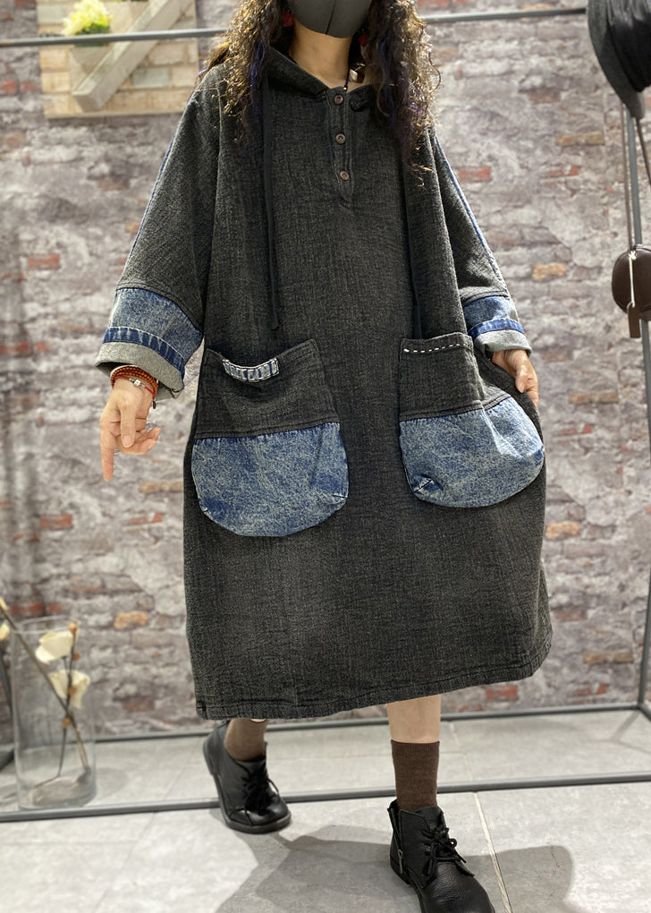 Black Button Patchwork Denim Dress Lace Up Long Sleeve