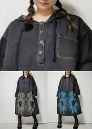 Black Button Pockets Denim Dress Hooded Fall