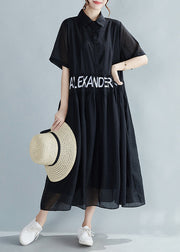 Black Button Pockets Silk Dress Peter Pan Collar Short Sleeve