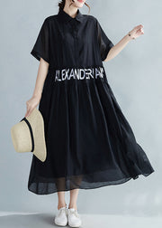 Black Button Pockets Silk Dress Peter Pan Collar Short Sleeve