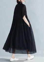 Black Button Pockets Silk Dress Peter Pan Collar Short Sleeve