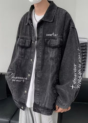 Black Button Solid Denim Fall Men Coat Embroideried