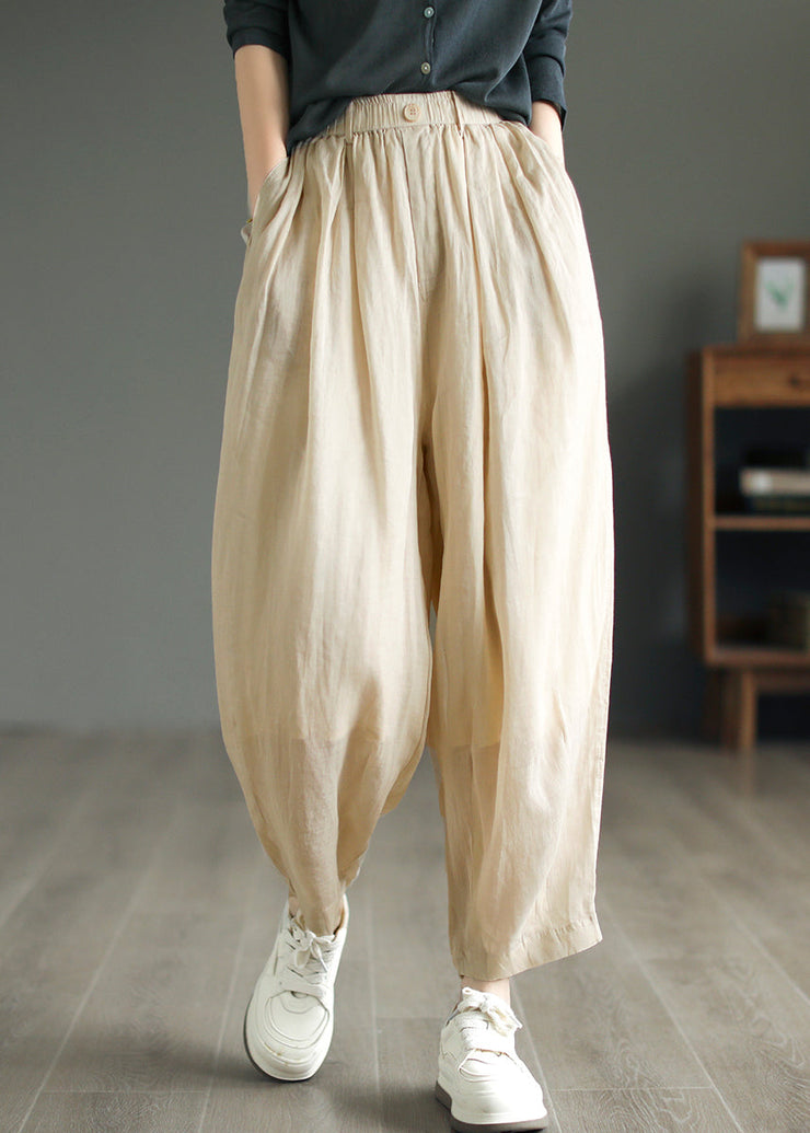 Black Casual Pockets Linen Pants Elastic Waist Summer