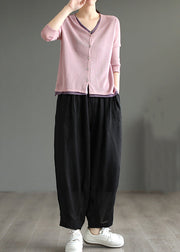 Black Casual Pockets Linen Pants Elastic Waist Summer