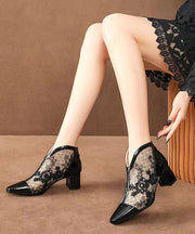 Black Chunky Heel Embroidery Tulle Splicing Sandals Boots