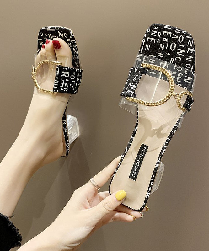 Black Chunky Heel Stylish Peep Toe Crystal Slide Sandals