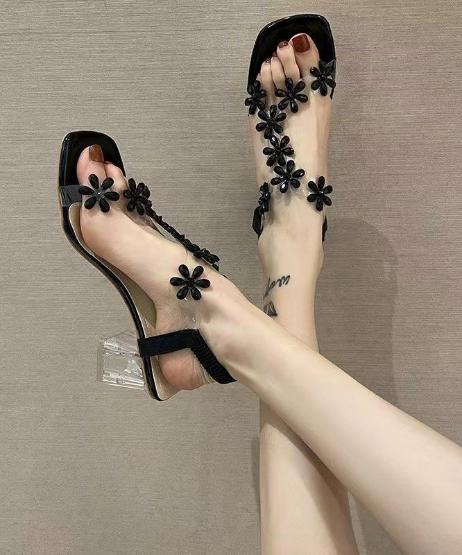 Black Clear Chunky Heels Floral Splicing Sandals Peep Toe