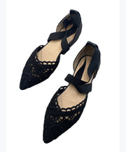 Black Comfy Cotton Fabric Flat Sandals Hollow Out Pointed Toe