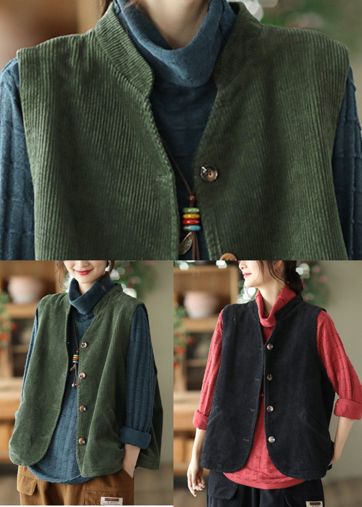 Black Corduroy Vest Tops Stand Collar Button Fall