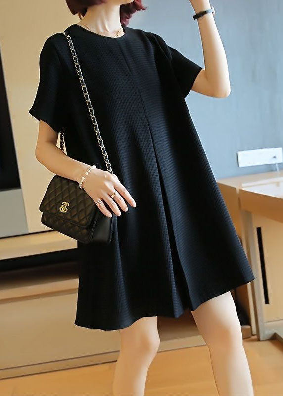 Black Cotton A Line Dress O-Neck Wrinkled Summer