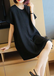 Black Cotton A Line Dress O-Neck Wrinkled Summer