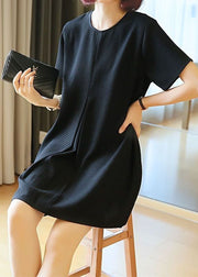 Black Cotton A Line Dress O-Neck Wrinkled Summer