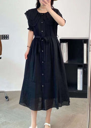 Black Cotton Dresses Peter Pan Collar Button Tie Waist Summer