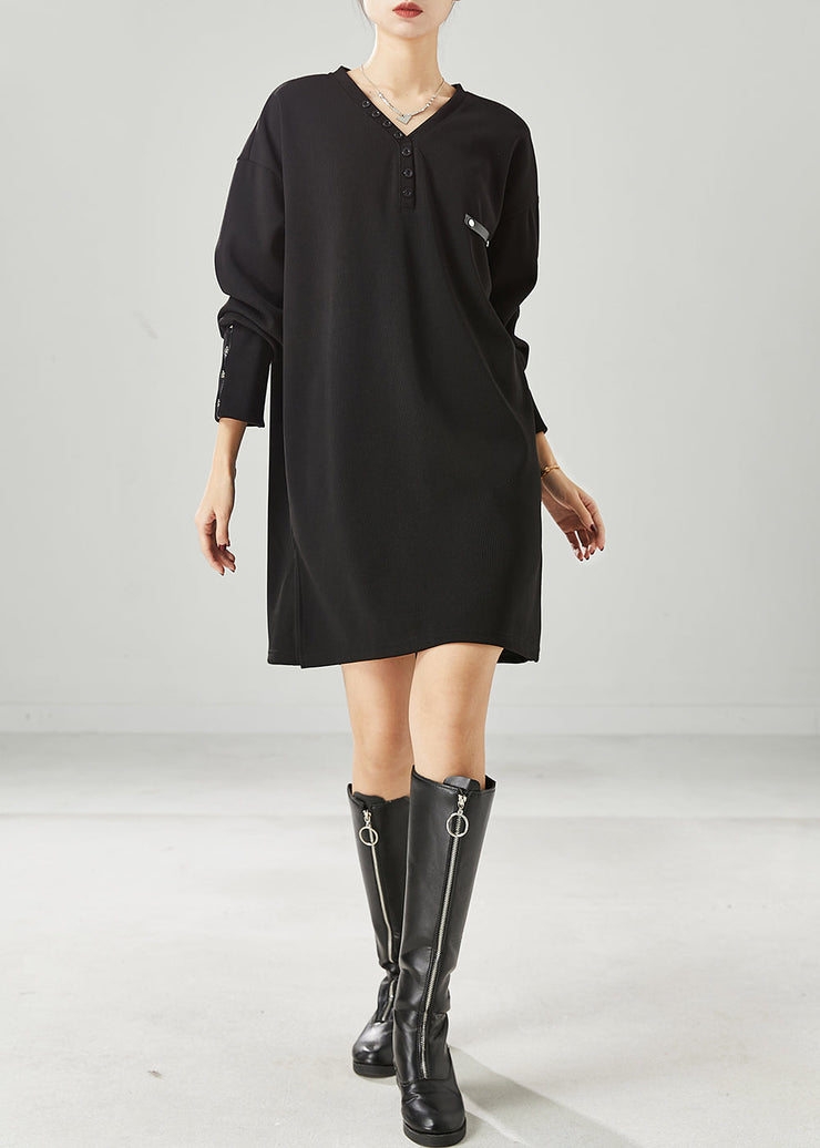 Black Cotton Loose Sweatshirt Dress V Neck Button Spring