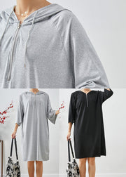 Black Cotton Loose Sweatshirts Dress Oversized Zippered Summer