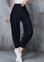 Black Cotton Pants Trousers Elastic Waist Pockets Spring