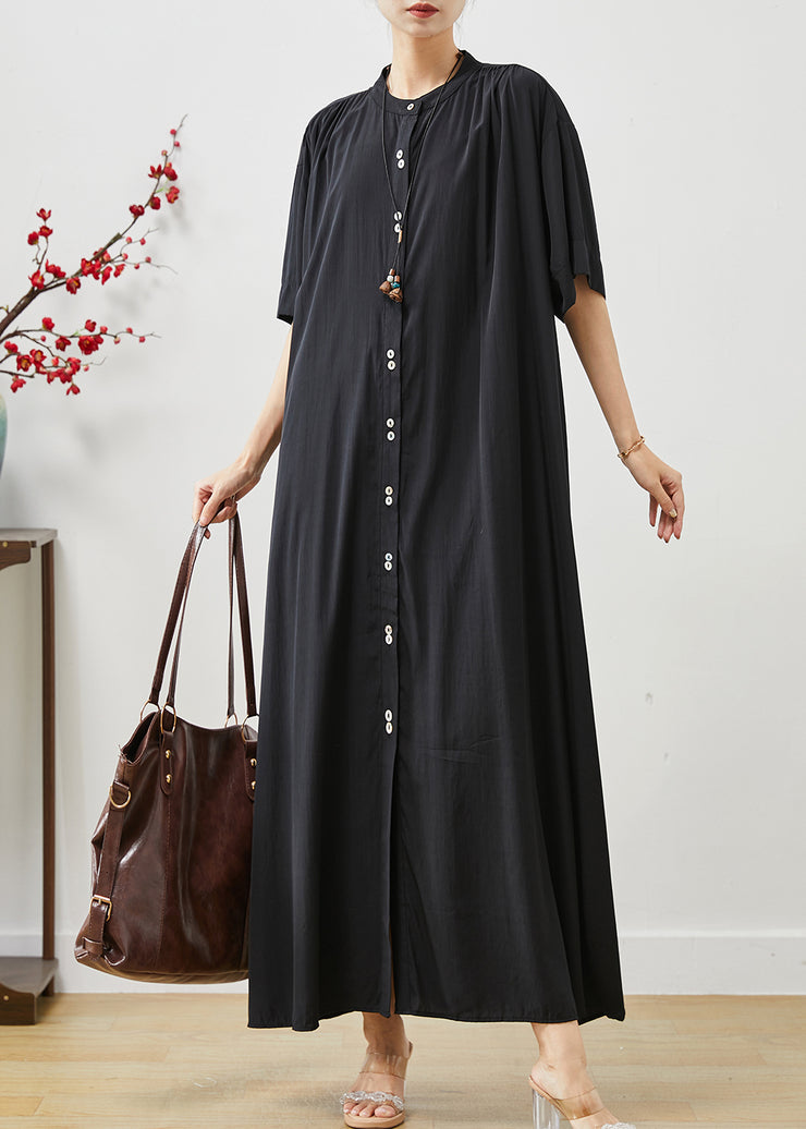 Black Cotton Robe Dresses Stand Collar Oversized Summer