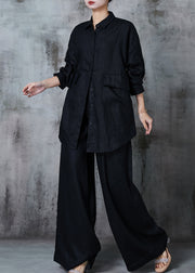 Black Cotton Two Pieces Set Oversized Pockets Summer