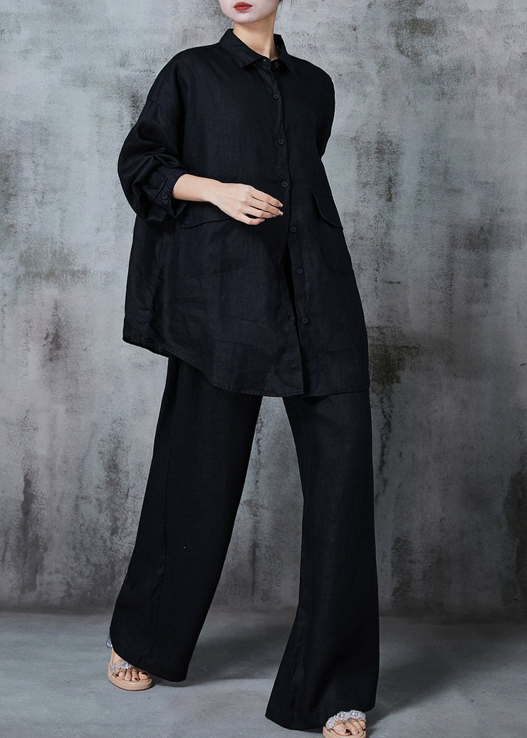 Black Cotton Two Pieces Set Oversized Pockets Summer