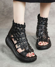 Black Cowhide Leather Hollow Out Splicing Peep Toe Platform Sandals