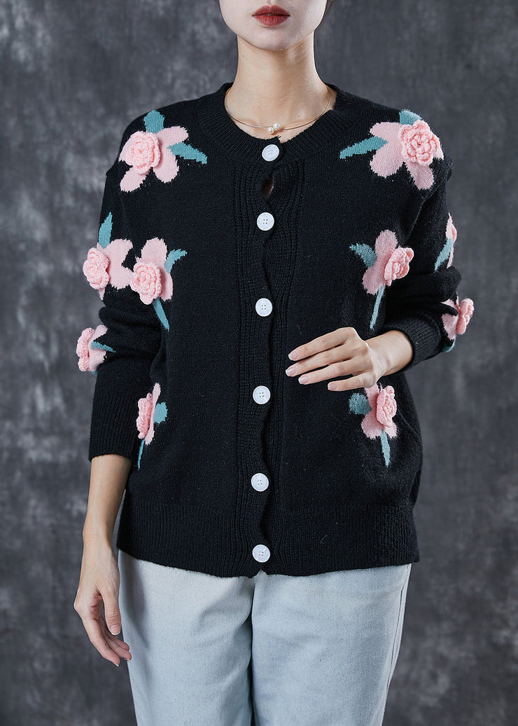 Black Cozy Knit Cardigans Stereoscopic Floral Spring