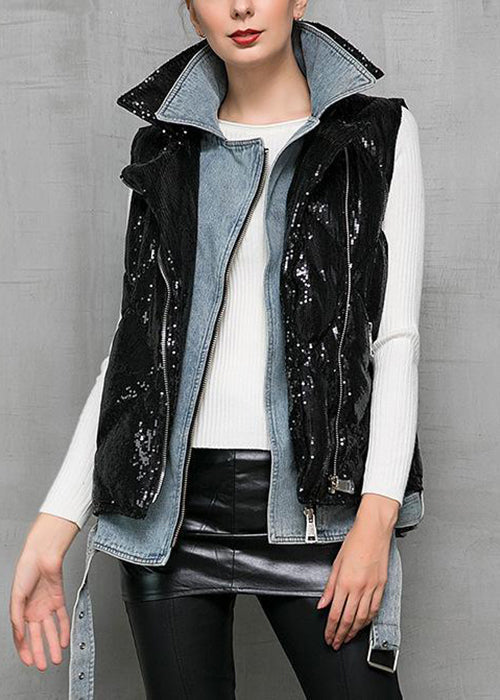 Black Denim Patchwork Duck Down Waistcoat Peter Pan Collar Winter