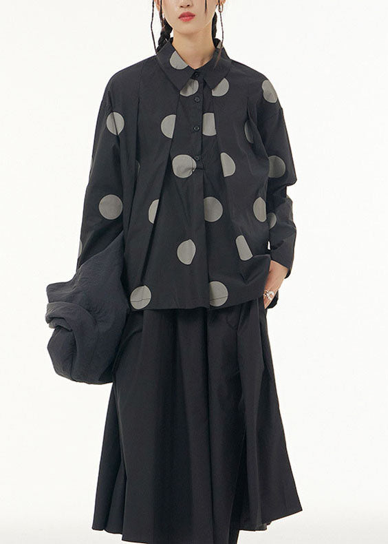 Black Dot Print Patchwork Cotton Shirt Peter Pan Collar Wrinkled Spring