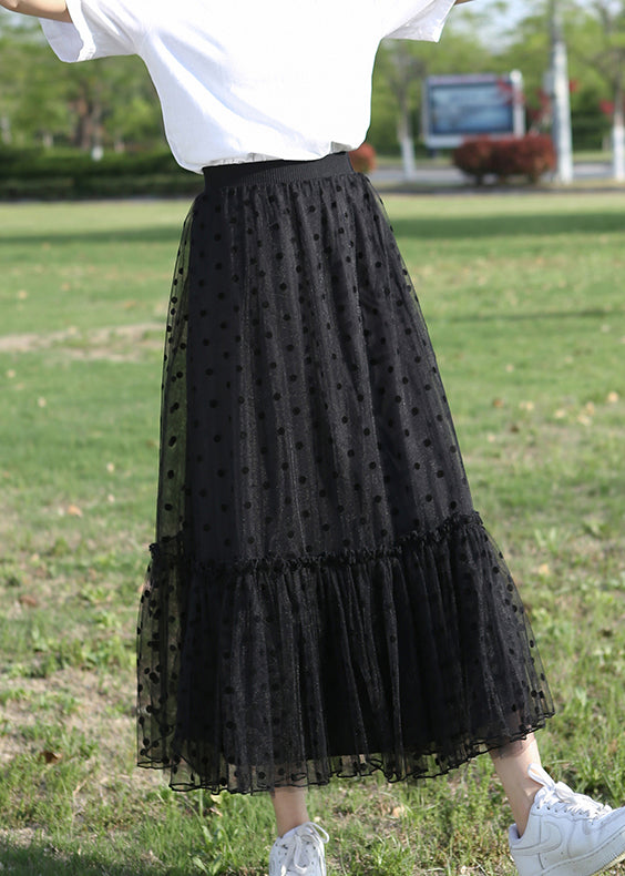 Black Dot Ruffled Tulle Skirt Elastic Waist Summer