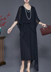 Black Draping Chiffon Robe Dresses Asymmetrical Cloak Sleeves