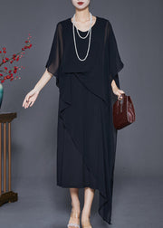 Black Draping Chiffon Robe Dresses Asymmetrical Cloak Sleeves