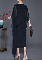 Black Draping Chiffon Robe Dresses Asymmetrical Cloak Sleeves