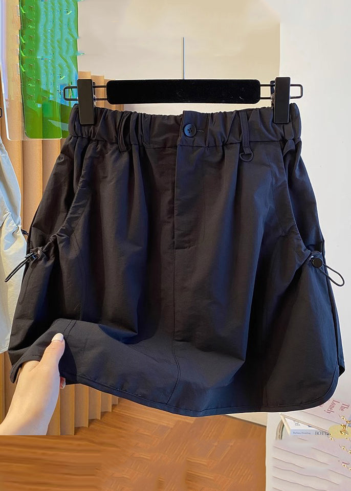 Black Drawstring Pockets Cotton Skirts Elastic Waist