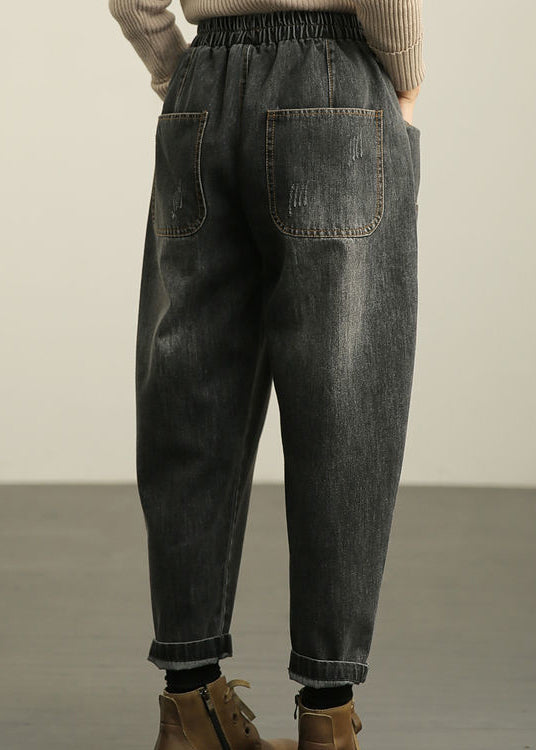 Black Elastic Waist Denim Harem Pants Fall